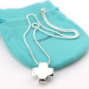 Tiffany & Co. Sterling Silver Roman Cross Pendant Beaded Chain 16 inch Necklace